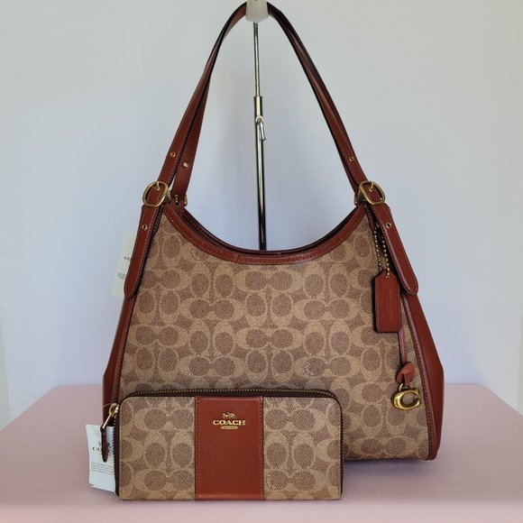 COACH Signature Logo Coated Canvas & Leather Slim Accordion Zip Wallet- Tan Rust - Picture 16 of 16